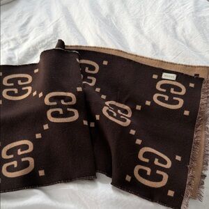 Gucci Dark Brown Scarf with Beige Logo